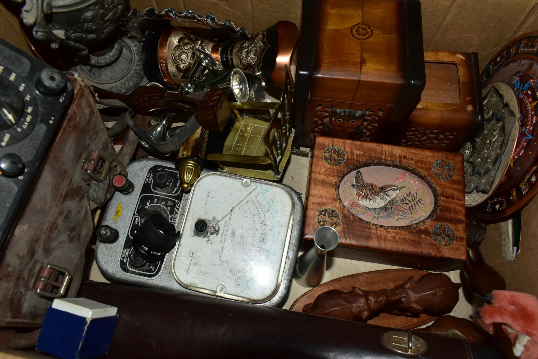 TWO BOXES AND LOOSE WALKING STICKS, PICTURES, METALWARE, COLLECTABLES, ETC, including a wooden and - Image 8 of 10