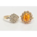 AN AMBER DRESS RING AND A DIAMOND CLUSTER RING, an oval amber cabochon collet set within an outer
