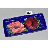 A MOORCROFT POTTERY ANENOME PATTERN TRAY, rectangular tray with tubelined red/purple anemones on a