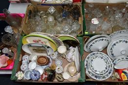 FIVE BOXES OF CERAMICS AND GLASS ETC, to include Royal Doulton 'Burgandy' dinner wares comprising