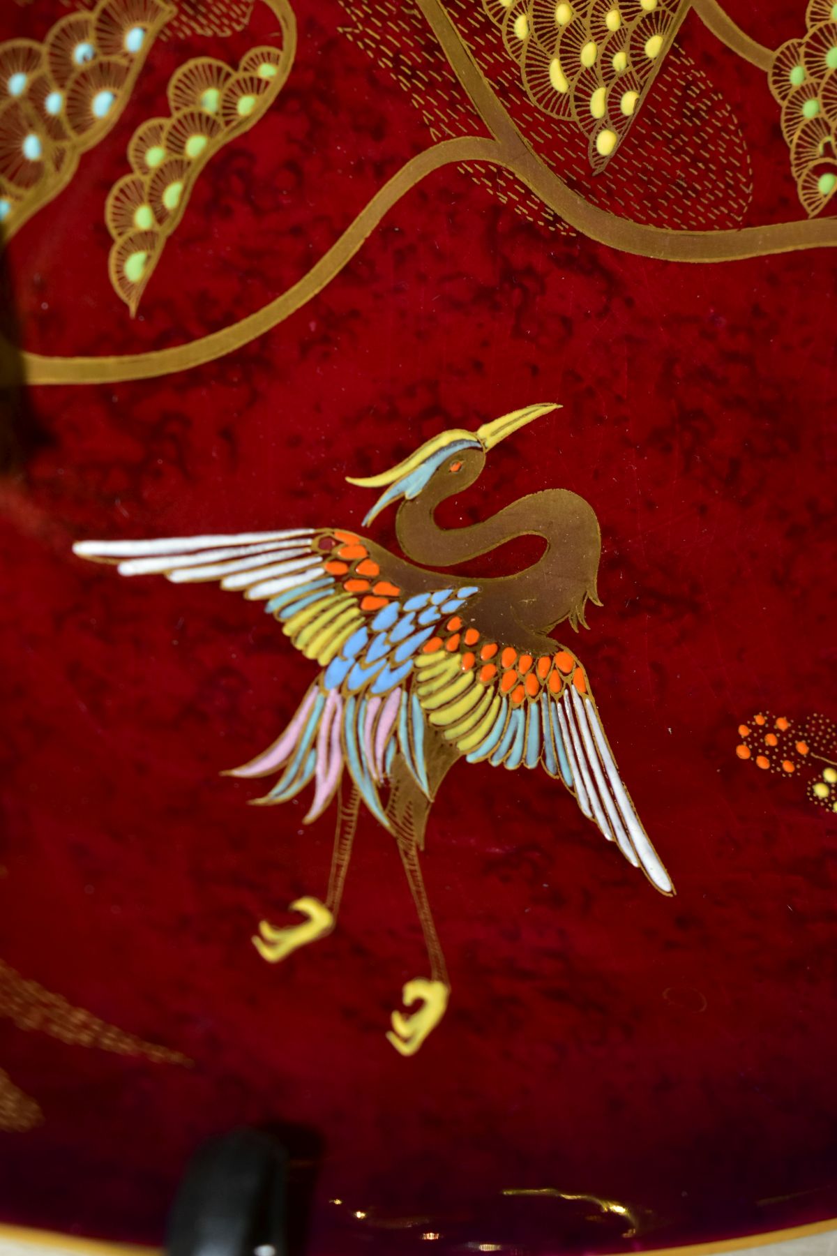 FIVE PIECES OF CARLTON WARE ROUGE ROYALE, comprising a triangular dish in the Heron and Magical Tree - Image 7 of 8