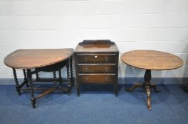 AN OAK CHEST OF THREE DRAWERS, an oak barley twist gate leg, and a Georgian tripod table (3)