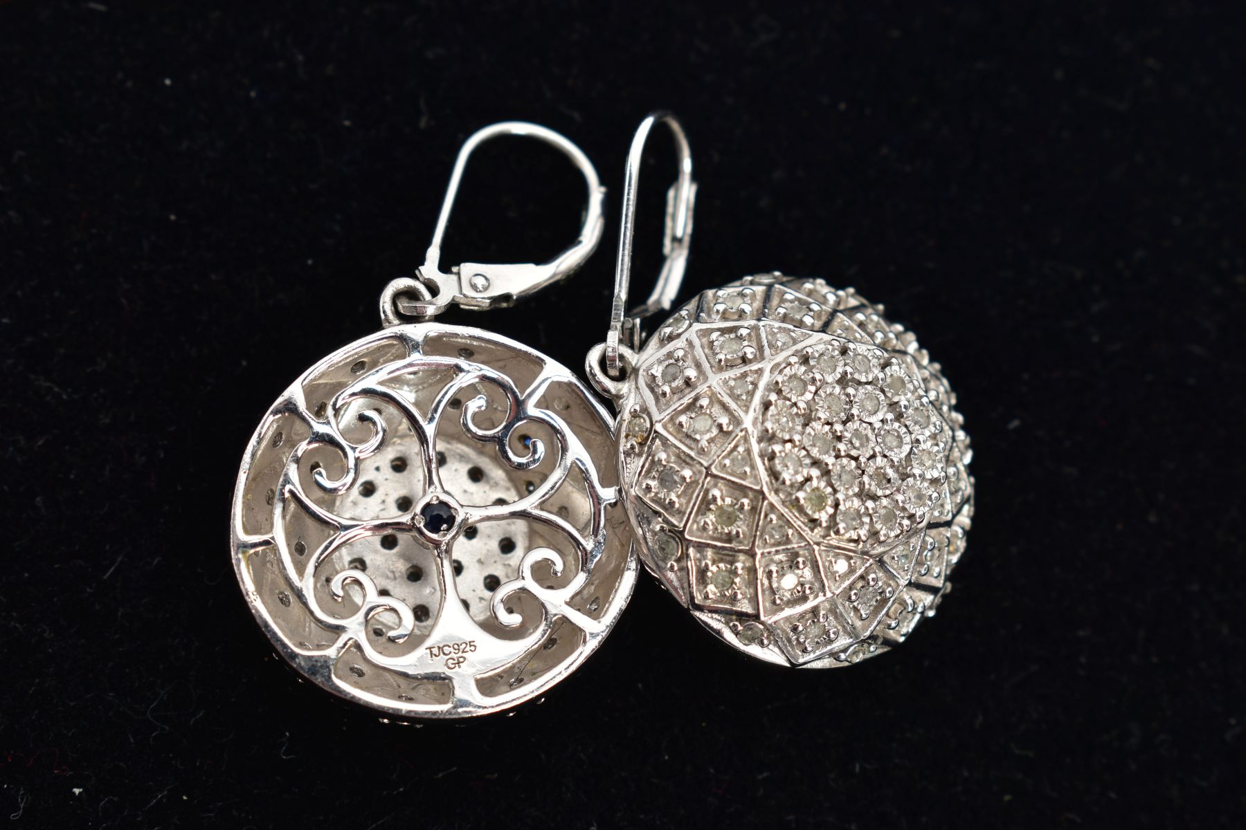 A PAIR OF WHITE METAL DIAMOND ENCRUSTED DROP EARRINGS, each of a circular domed design encrusted - Image 3 of 3