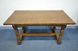 A REPRODUCTION SOLID OAK REFECTORY TABLE, on turned legs and H stretcher, length 153cm x depth