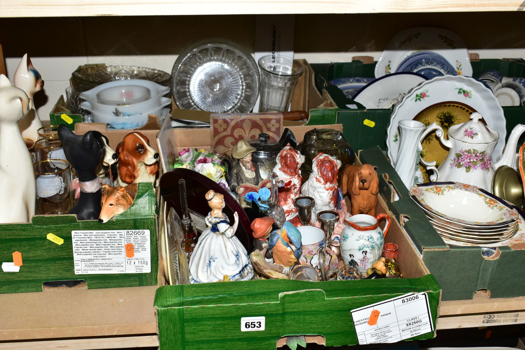 FIVE BOXES OF CERAMICS AND GLASSWARES, to include a Minton Victorian encaustic tile (sd), a