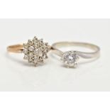TWO 9CT GOLD CUBIC ZIRCONIA RINGS, to include a white gold solitaire in a twisted claw setting , set