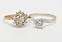 TWO 9CT GOLD CUBIC ZIRCONIA RINGS, to include a white gold solitaire in a twisted claw setting , set