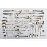 A SELECTION OF SILVER CUTLERY AND OTHER ITEMS, to include a pair of Georgian plain polished fiddle