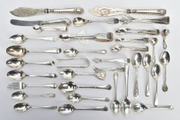 A SELECTION OF SILVER CUTLERY AND OTHER ITEMS, to include a pair of Georgian plain polished fiddle