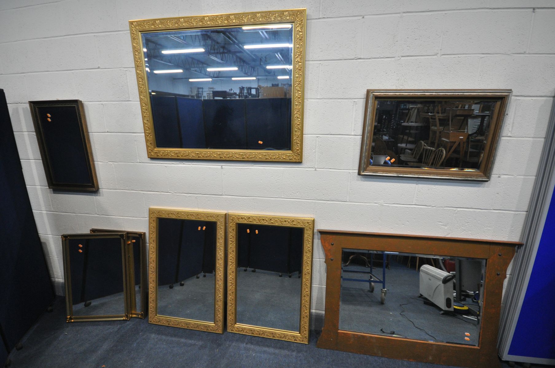 A SELECTION OF MIRRORS, to include a set of three gilt framed bevelled edge mirrors, four other gilt - Image 4 of 8