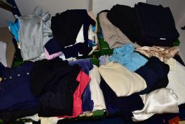 FOUR BOXES OF LADIES' CLOTHING, to include knitwear, tops and trousers, brands including Jaeger,