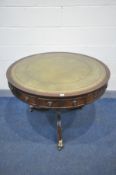 A REPRODUCTION REGENCY STYLE MAHOGANY PEDESTAL DRUM TABLE, green gilt tooled leather skiver top,