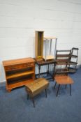 A SELECTION OF OCCASIONAL FURNITURE, to include a yew wood open bookcase, oak barley twist
