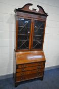 AN EDWARDIAN MAHOGANY AND INLAID BUREAU BOOKCASE, width 92cm x depth 45cm x height 233cm