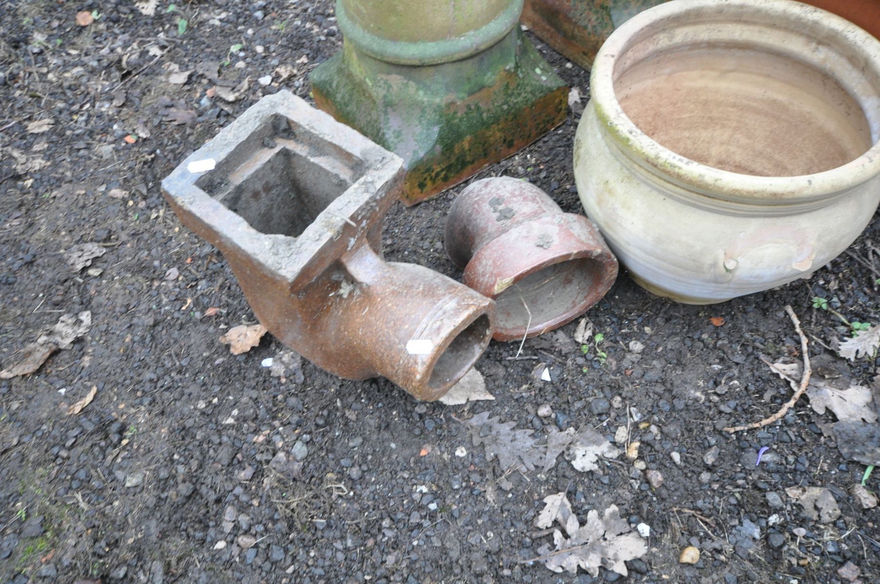 A PAIR CLAY CHIMNEY POTS, diameter 34cm x height 81cm, a terracotta circular planter (some damage to - Image 2 of 4