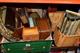 A BOX AND LOOSE TREEN ETC, to include wooden boxes, trays, book stands, drawer, letter rack, rolling