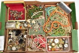 A BOX OF ASSORTED COSTUME JEWELLERY, to include a selection of rings, beaded jewellery, pins,