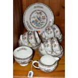 A WEDWOOD 'KUTANI CRANE' PATTERN TWENTY ONE PIECE TEA SET, comprising a milk jug, a sugar bowl, a