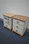 A PAIR OF PARTIALLY PAINTED PINE THREE DRAWER BEDSIDE CHESTS (condition:-partially painted with a