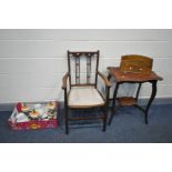 AN EDWARDIAN MAHOGANY ELBOW CHAIR, a mahogany occasional table, desk organiser, and a box containing