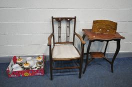 AN EDWARDIAN MAHOGANY ELBOW CHAIR, a mahogany occasional table, desk organiser, and a box containing