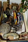 A BOX OF COLLECTABLES, CERAMICS, METALWARE, ETC, including a pair of brass candlesticks, height