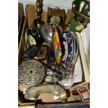 A BOX OF COLLECTABLES, CERAMICS, METALWARE, ETC, including a pair of brass candlesticks, height