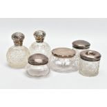 SIX SILVER LIDDED GLASS JARS, to include a pair of vanity jars, hallmarked 'I S Greenberg & Co'