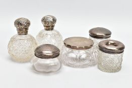 SIX SILVER LIDDED GLASS JARS, to include a pair of vanity jars, hallmarked 'I S Greenberg & Co'