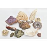 A BOX OF CRYSTALS, to include a variety of gemstone samples such as amethyst, agate, quartz,