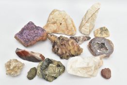 A BOX OF CRYSTALS, to include a variety of gemstone samples such as amethyst, agate, quartz,