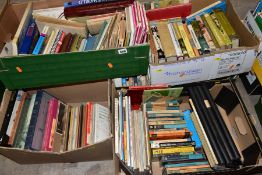 SIX BOXES OF HARDBACK AND PAPERBACK BOOKS, FOLDED MAPS, PAMPHLETS, ETC, OVER ONE HUNDRED AND TEN