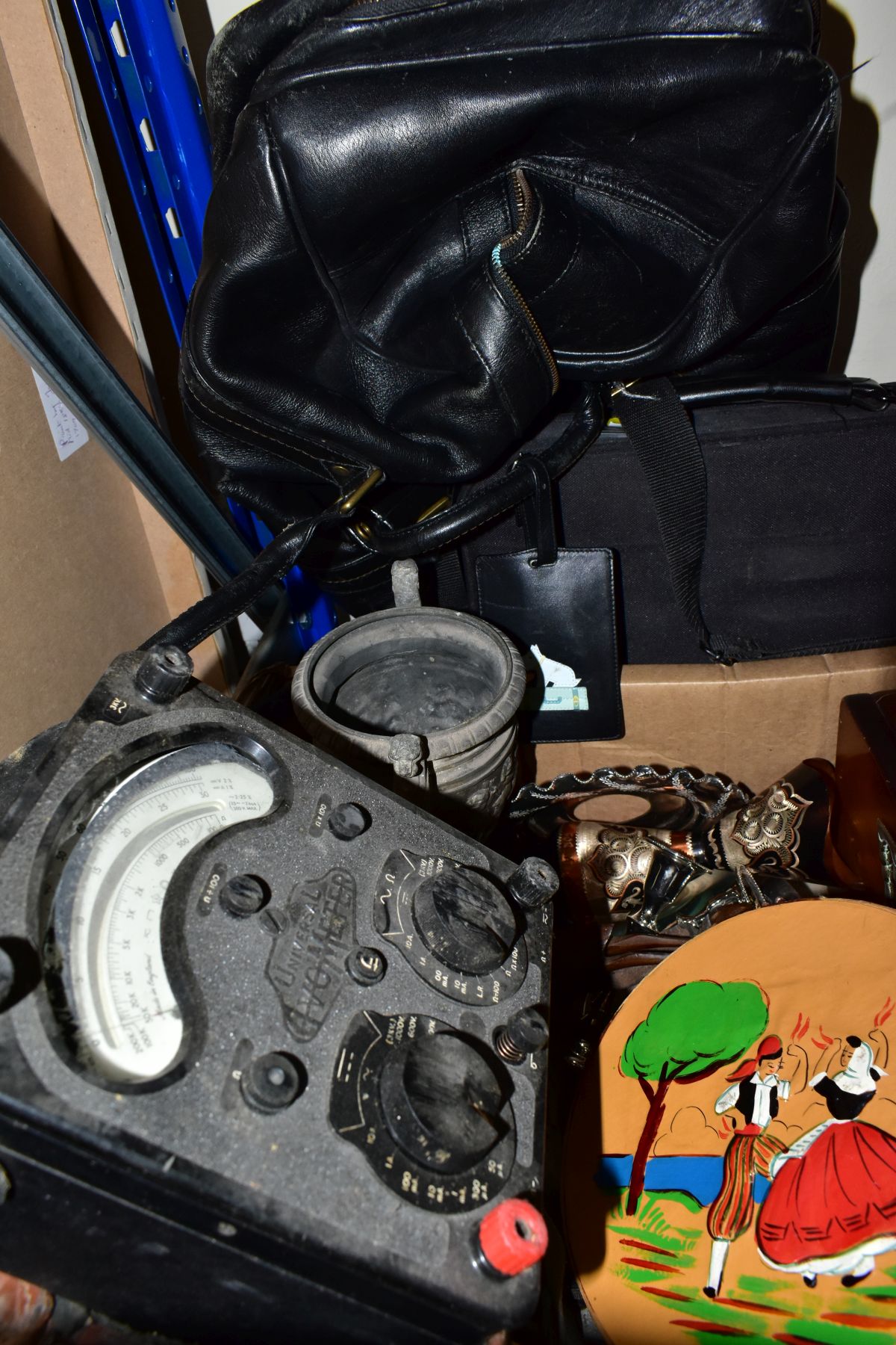 TWO BOXES AND LOOSE WALKING STICKS, PICTURES, METALWARE, COLLECTABLES, ETC, including a wooden and - Image 6 of 10