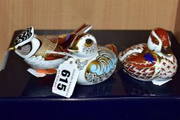 THREE ROYAL CROWN DERBY BIRD PAPERWEIGHTS, comprising a collectors guild Crested Tit with