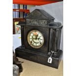 A LATE VICTORIAN BLACK SLATE MANTEL CLOCK OF ARCHITECTURAL FORM, cracked and chipped case, damaged