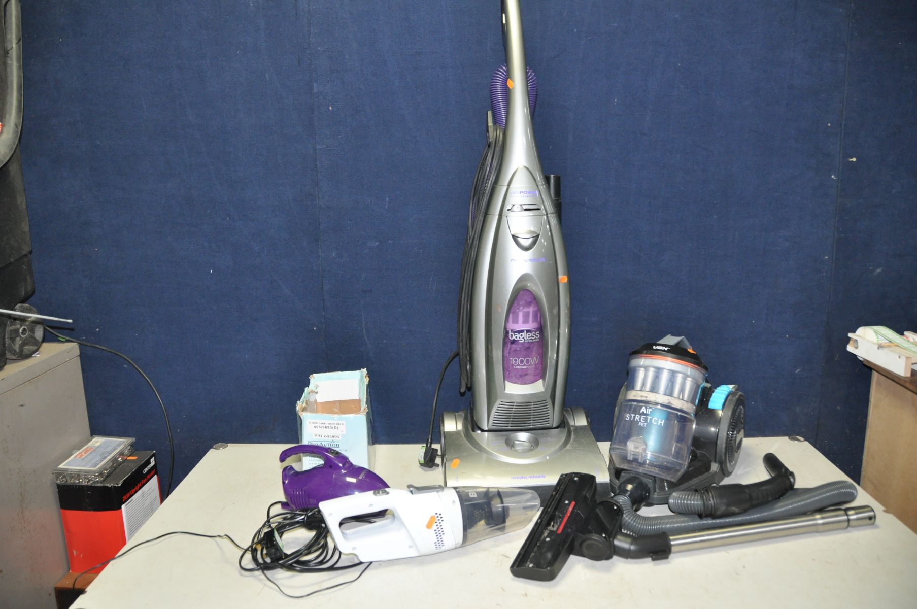 A VAX PULL ALONG VACUUM CLEANER, a Morphy Richards upright vacuum cleaner, a Pro Action hand held