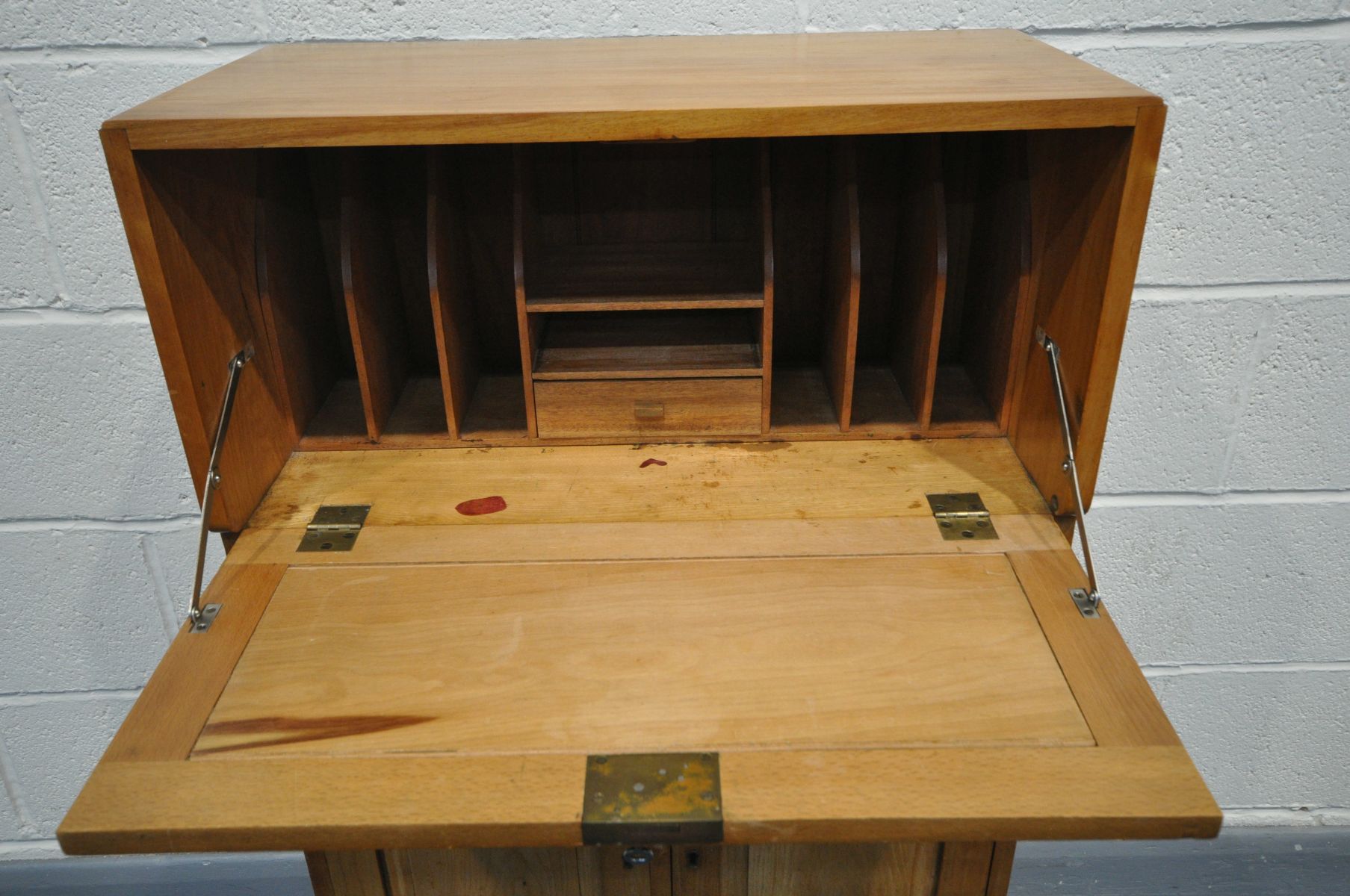 A SLIM BIRCH BUREAU, the fall front with a fitted interior, above a base with double fielded panel - Image 2 of 2