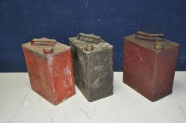 THREE VINTAGE FUEL CANS one stamped Pratts with a Shell brass knob, the other two unmarked one