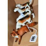 A BESWICK FOX AND FOUR BESWICK FOXHOUND FIGURES, comprising a Fox-Standing no 1440/1 height 6cm,