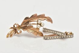THREE PEARL BROOCHES, the first a 9ct gold brooch designed as a tied bunch of foliage set with three