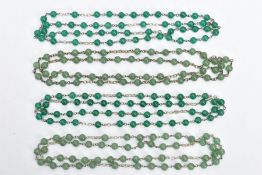 FOUR HANDMADE ROSARY BEAD NECKLACES, each comprising a single uniform row of spherical beads, two