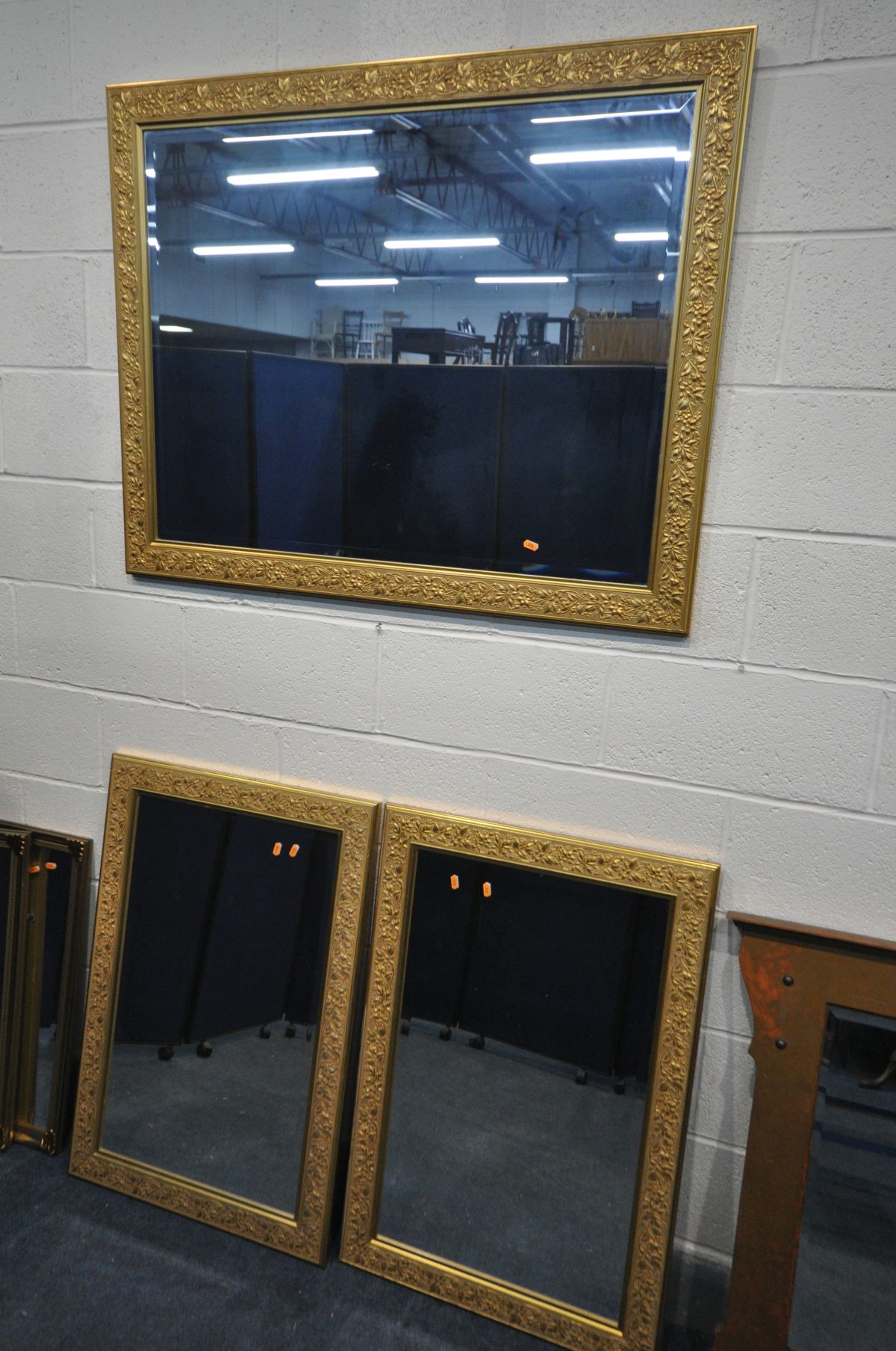 A SELECTION OF MIRRORS, to include a set of three gilt framed bevelled edge mirrors, four other gilt - Image 5 of 8