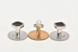 THREE DRESS STUDS, a pair of white metal dress studs with a square black enamel design, stamped 9ct,