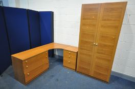 A TEAK FINISH TWO DOOR CABINET, width 90cm x depth 52cm x height 195cm, and a corner desk (2)