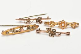 FOUR LATE 19TH AND EARLY 20TH CENTURY BAR BROOCHES, to include a double clover leaf brooch set