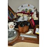 A BOX AND LOOSE OF CERAMICS, TREEN, ETC, including two Zdenka Ralph pottery plates in the Clarice