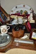 A BOX AND LOOSE OF CERAMICS, TREEN, ETC, including two Zdenka Ralph pottery plates in the Clarice