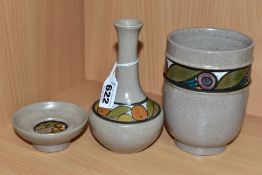 THREE PIECES OF POOLE POTTERY OLYMPUS DESIGN STONEWARE, comprising onion shaped vase and pin dish in