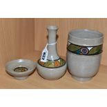 THREE PIECES OF POOLE POTTERY OLYMPUS DESIGN STONEWARE, comprising onion shaped vase and pin dish in