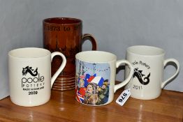 THREE POOLE POTTERY COMMEMORATIVE MUGS AND A TANKARD, including the 50th anniversary of V.E. Day and